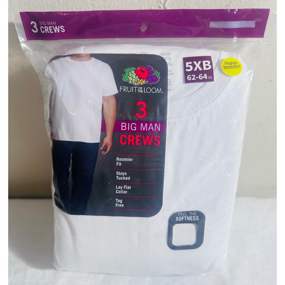 Fruit of the Loom Big Man 5XB White Crew T-Shirts 3 Pack Cotton New Sealed